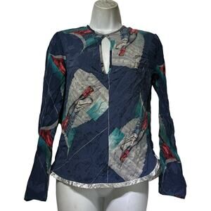 Legs Shoes Graphic Print Crinkle Blouse Keyhole Tie Neck Long Sleeve Boho Artsy